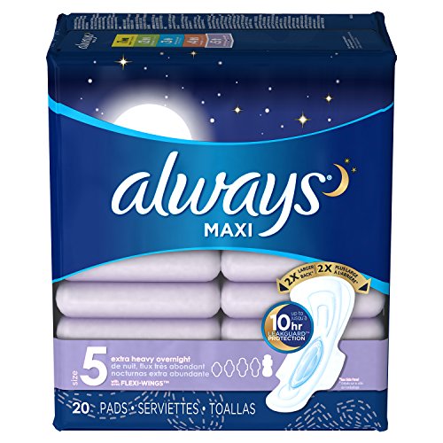 Always Maxi Size 5 Feminine Overnight Pads with Wings, Super Absorbency, Unscented, 20 Count (Packaging May Vary)