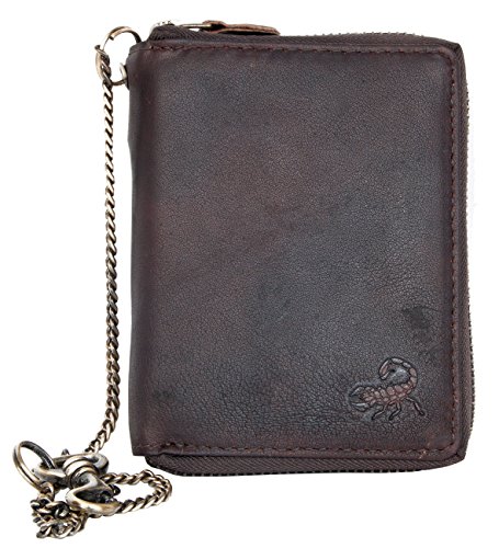 Strong Genuine Leather Wallet with Metal Zipper Around with Chain with Scorpion