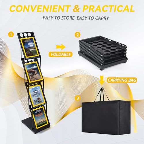 LEPump Literature Catalog Rack, Foldable Magazine Brochure Display Stand, Magazine Floor-Standing with Portable Oxford Bag, for Office Store and Exhibition Trade Show (4 Pockets) (Black)