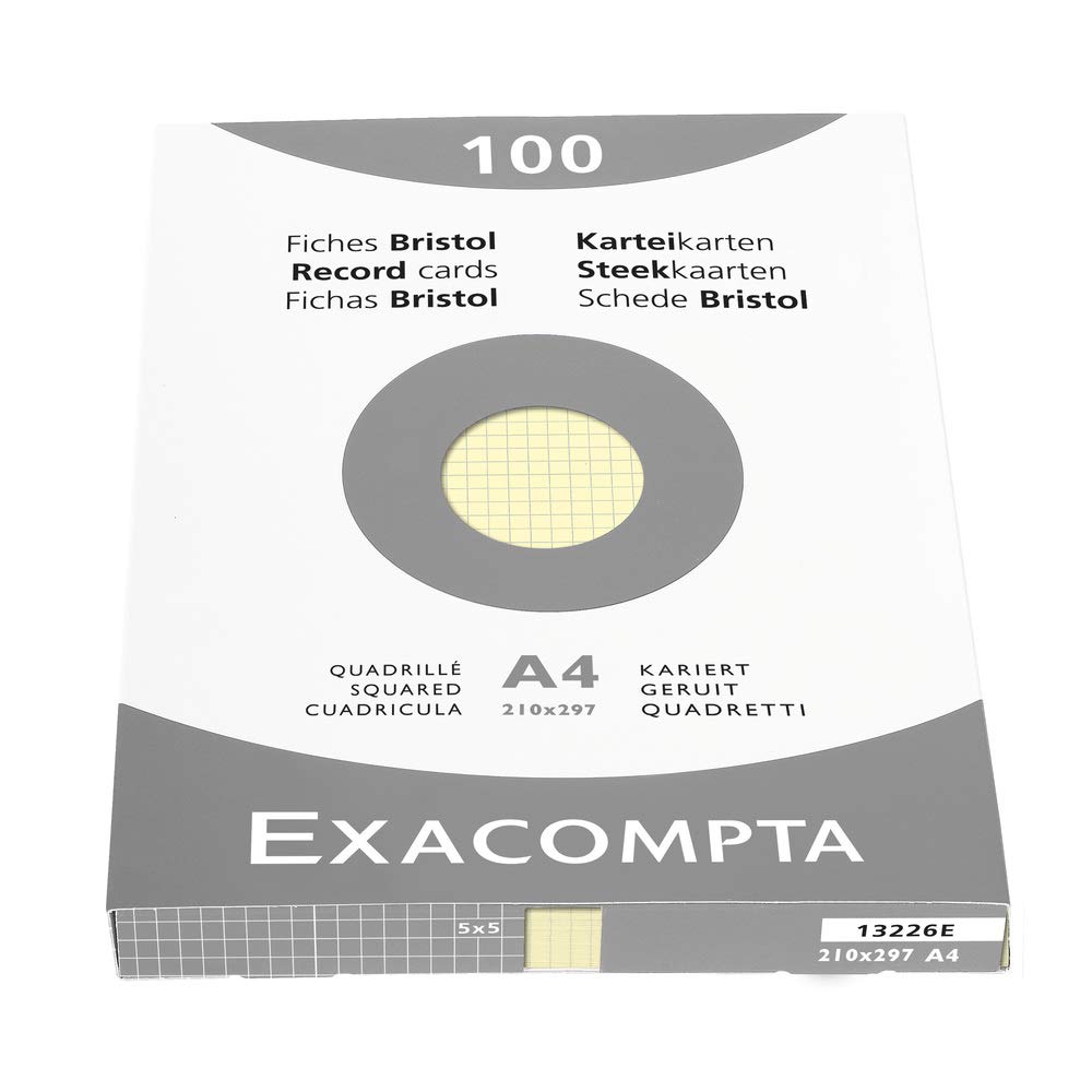 Exacompta - Ref 13226E - Bristol Squared Record Cards (Pack of 100) - A4 in Size, 205gsm Card, Compatible with Printers - Suitable for Exam Revision & Notes - Yellow — image 1