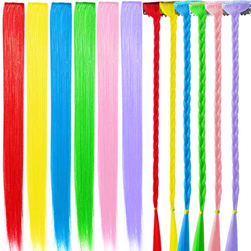 QY 6PCS Rainbow Hair Accessories Clip In/On Colored Extensions Wig Pieces Colorful Hairpieces