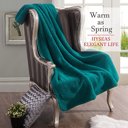 HYSEAS Sherpa Throw Blanket Teal and White - Super Soft Plush Cozy Warm Reversible Solid Blanket for Couch, Bed, Chair, Sofa - 50x60 Inch