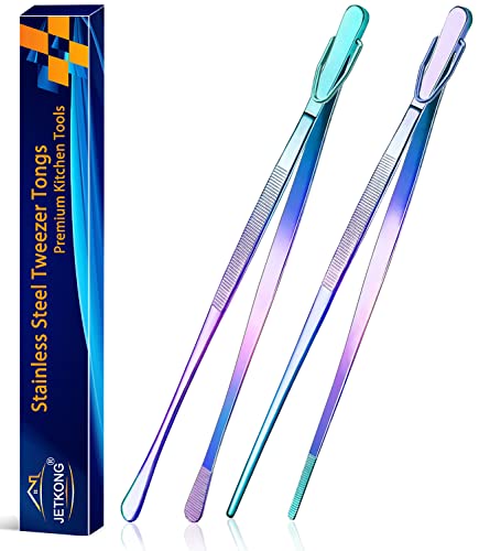 JETKONG 2 Pcs 12-Inch Culinary Tweezers Food Tweezers Kitchen Tweezer Tongs for Cooking (Rainbow)
