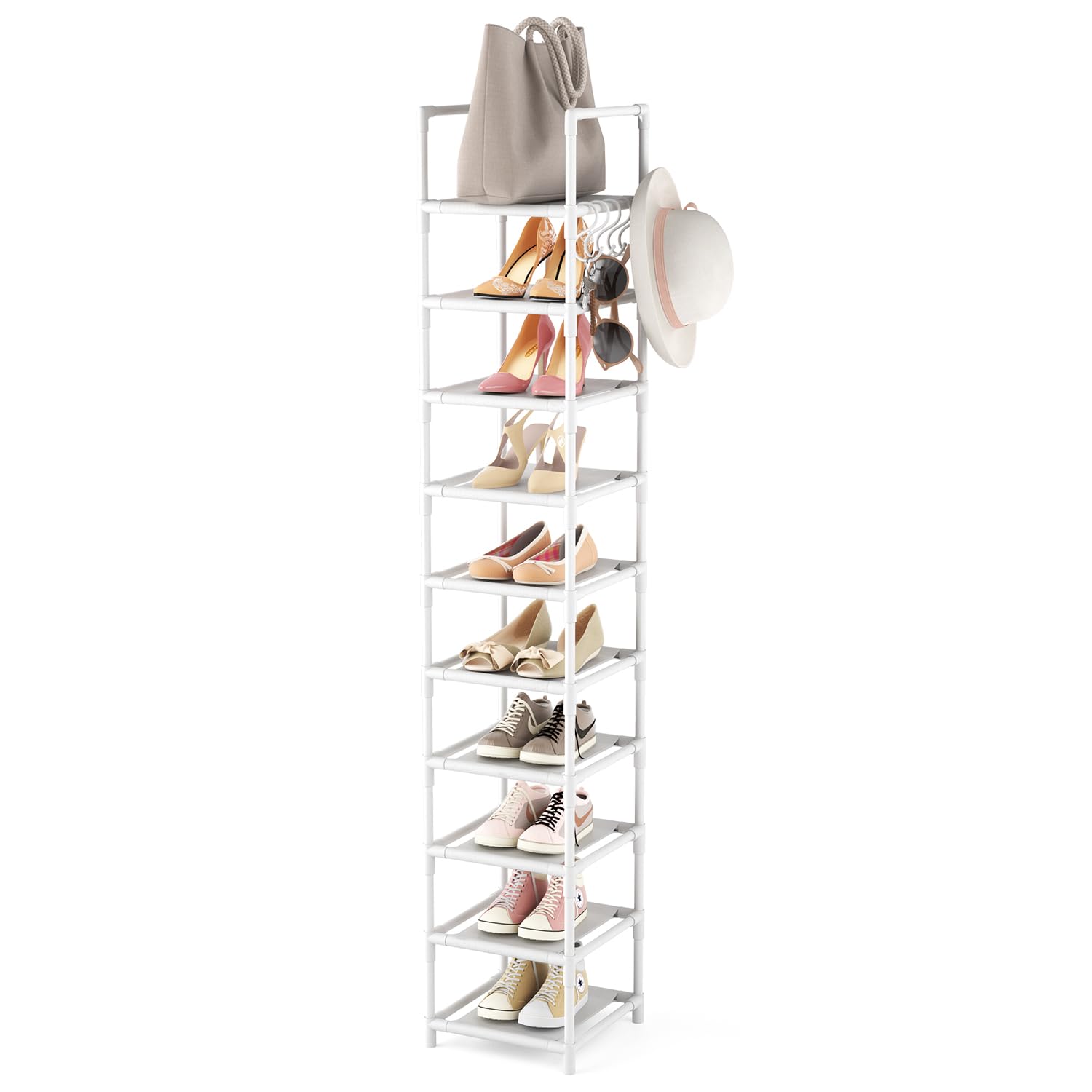 Photo 1 of LANTEFUL Tall Narrow Shoe Rack 10-Tier Skinny Shoe Shelf Storage for 10-15 Pairs Shoes and Boots, Space Saving Corner Shoe Rack Organizer for Closet, Entryway, Garage, Living Room,White