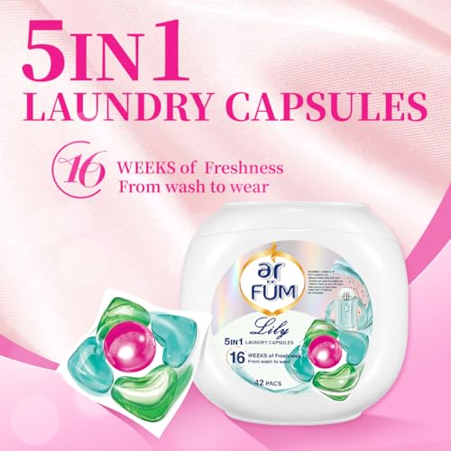 Arfum Pods, 5-In-1 Laundry Detergent Capsules With Scent Booster, Concentrate, Softener, Color Protect, Stain Remover, 16 Weeks Fragrance, 42 Lily,Pack Of 3 X Pods (126 Capsules)