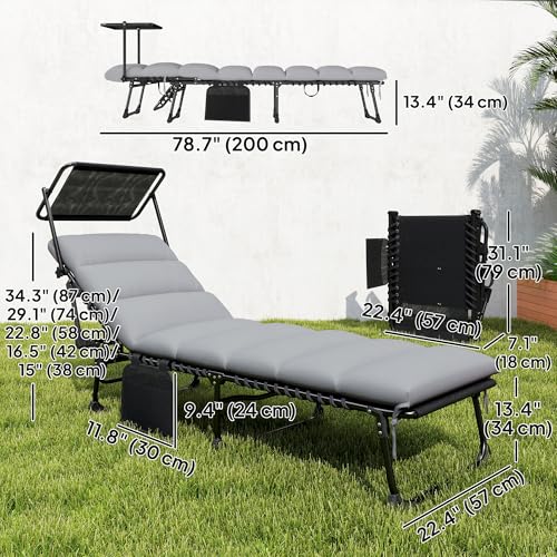 Outsunny Outdoor Chaise Lounge Chairs, 2 PCS Folding Lounge Chairs with Adjustable 5-Position, Cushion, Canopy, Side Pocket, Headrest, Sun Lounger for Patio, Beach, Light Grey