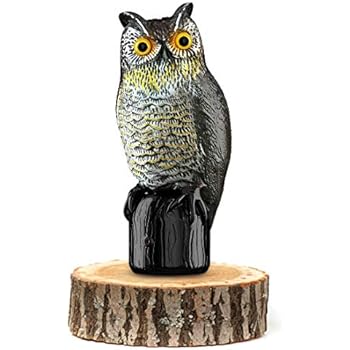 Premium Bird Repellent Fake Owl Decoy for Garden 16 in. tall - Motion Activated & Solar Powered Scarecrow Diverter - Flashing Eyes & Frightening Sound - For Birds, Mice, Squirrels, Rabbits & more