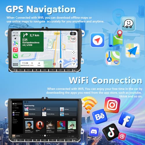 Motorsi Carplay Car Radio for VW Passat Golf MK5 MK6 Jetta Polo Touran Sharan Seat, 4GB+64GB Android Car GPS Radio Navigation WiFi FM/RDS EQ DSP SWC Bluetooth Canbus + Camera