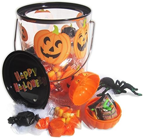 Creepy and Cute Trick or Treat Halloween Party Gift Candy Bucket (Peanut Butter Twists, Skeleton Bone Tarts, Giant Spider) 6x5" Removable Lid with Flashing Light Pendant