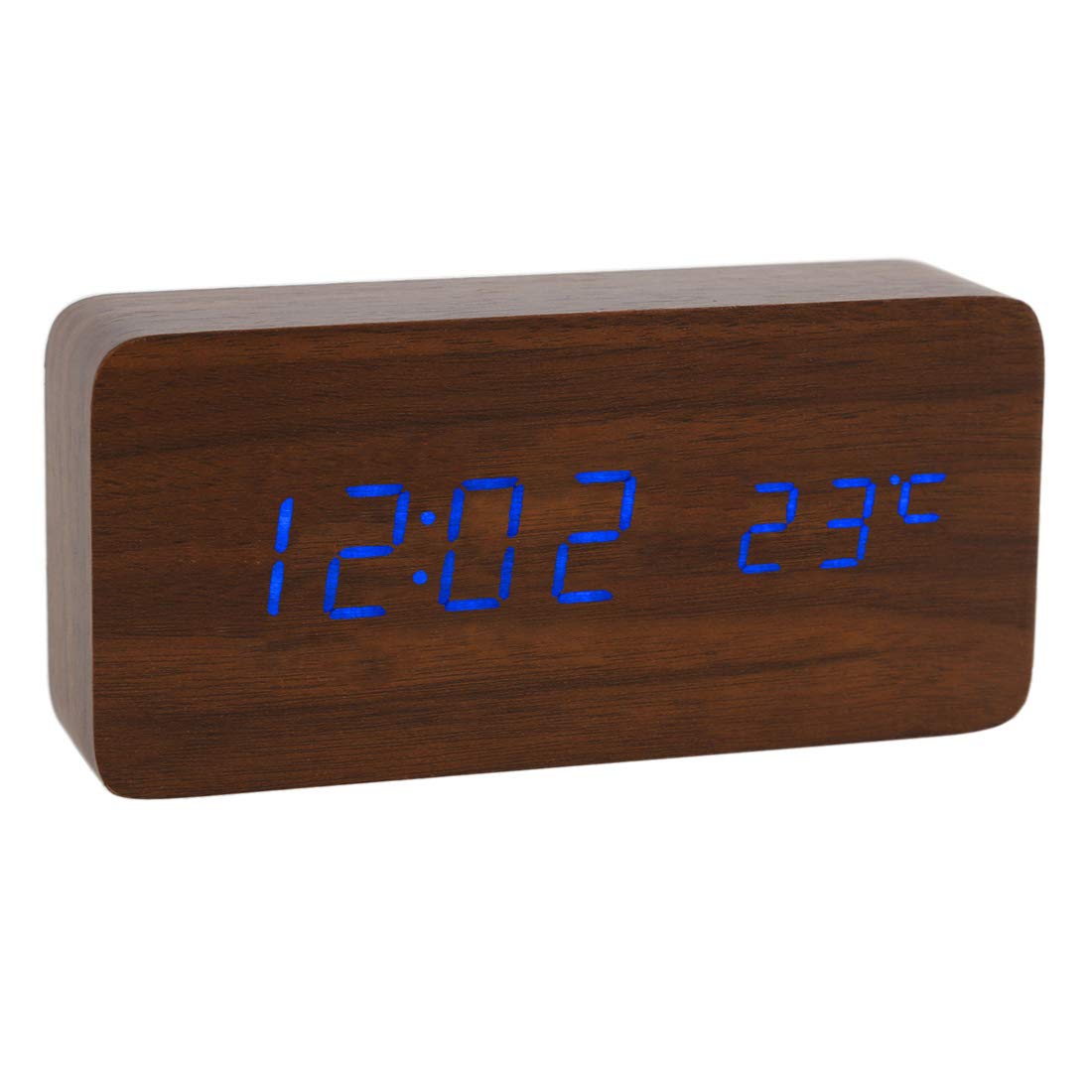 Lancoon Wooden Digital Clock Multi-function LED Alarm Clock with Time/Date/Temperature Display and Voice Control for Home Office Travel AC11Brown_Blue