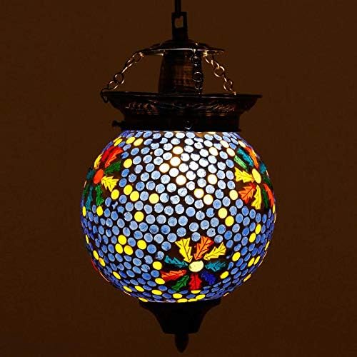Handcrafted Flower Design Mosaic Blue Colour Glass Hanging Lamp