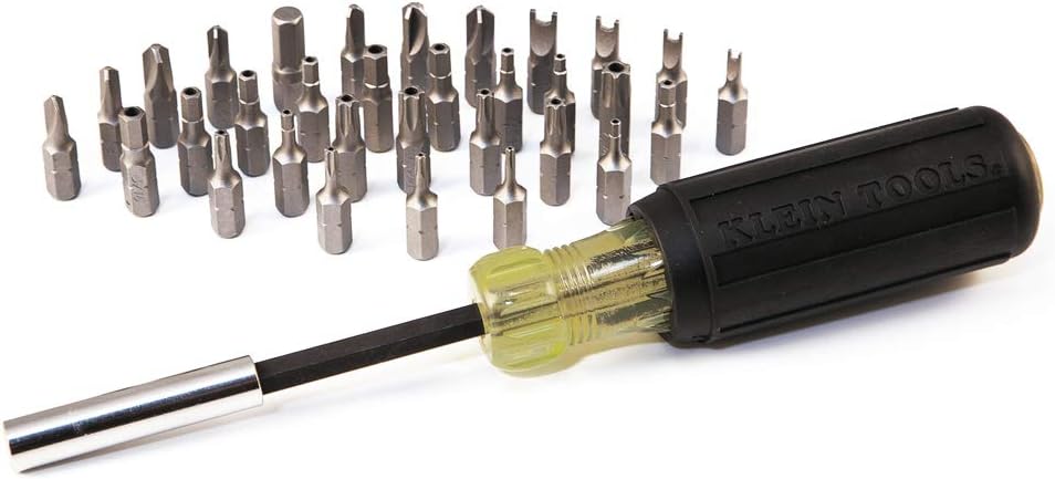 Klein Tools 32510 Magnetic Multibit Screwdriver with Sturdy Torx, Hex, Spanner, Tri-Wing, Torq and Nut Tamperproof Bits and Storage Block - - 
