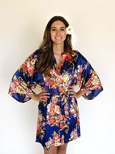 Joy Mabelle Women's Floral Satin Kimono Short Bridesmaid Robe with gold monogram