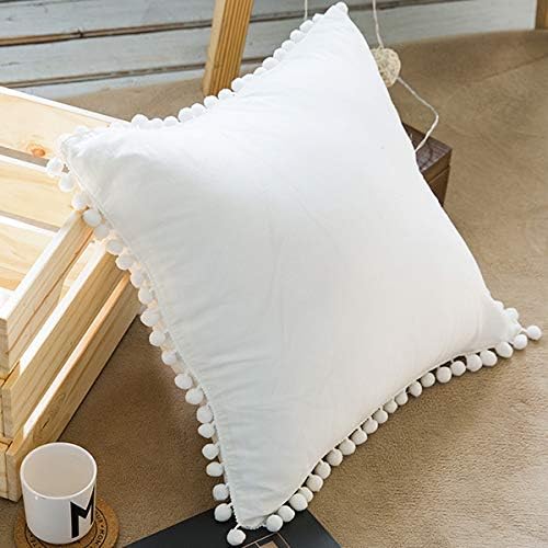 STATEMENT PIECE Pom Poms Fringe 100% Cotton Throw Pillow Covers for Couch or Bed Pillow CASE ONLY 18X18inches (45x45CM) (Fairy White)