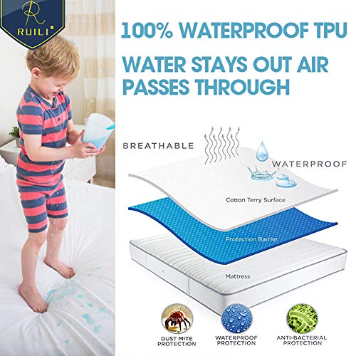 Queen Size Premium 100% Waterproof Mattress Protector-Vinyl Free, Deep Pocket Stretch to 16" Cotton Terry Waterproof Mattress Cover, Safe Fitted Mattress Protector - 10 Year Quality Assurance