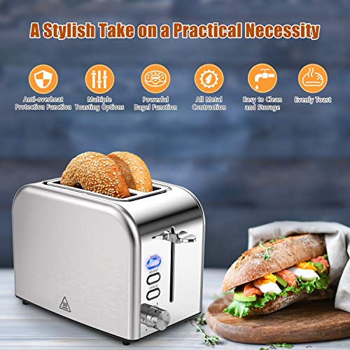 Toaster 2 Slice Toasters Stainless Steel 2 Slice Toaster Best Rated Prime Wide Slot with 6 Bread Shade Settings, Bagel, Reheat, Cancel Function, Removable Crumb Tray