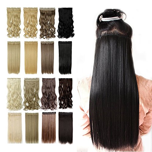 26"Clip In Women Dark Black One Piece Full Head Hairpiece Synthetic Straight/Curly Hair Extensions Hair Wig 5Clip