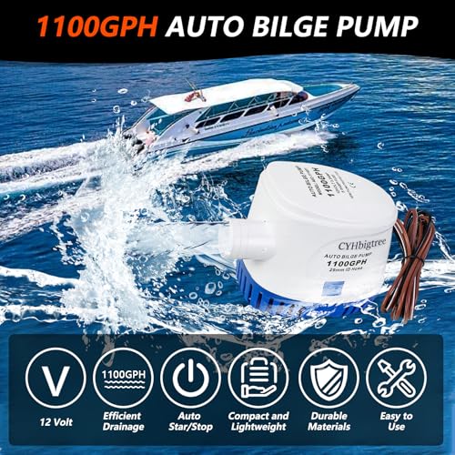 1100GPH Automatic Boat Bilge Water Pump Kit, 1-1/8 inch 12V Small Marine Bilge Pump with Float Switch, 6FT Hose, 2 Clamps, Thru-Hull Fitting, Ideal for Fishing Boats, Cruisers, Runabouts, Yachts