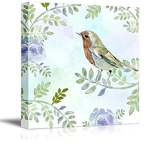 Square Canvas Wall Art - Watercolor Style Painting of Bird and Flowers and Leaves - Giclee Print Gallery Wrap Modern Home Art Ready to Hang - 12x12 inches