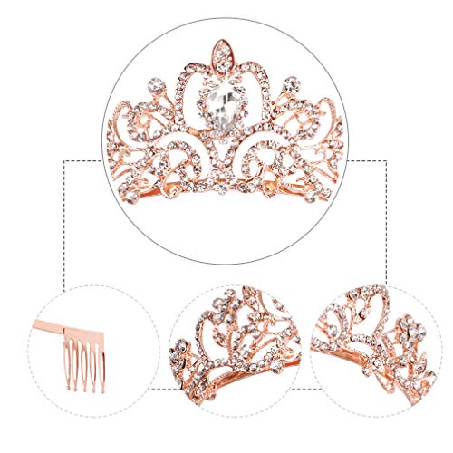 Didder Rose Gold Crystal Tiara Crown Headband Princess Elegant Crown with combs for Women Girls Bridal Wedding Prom Birthday Party - Thumbnail 4