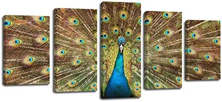 KuyiArt- 5 Panel Canvas Wall Art,Peacock,Framed Art and Stretched Prints for Wall Decoration,Giclee Prints on Canvas, Ready to Hang-Gold