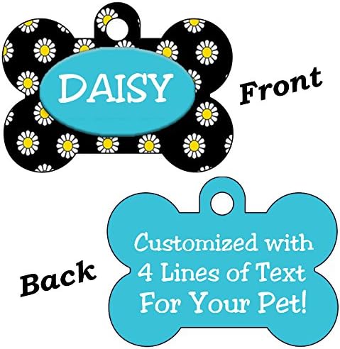 Double Sided Flowers Pet Id Dog Tags Personalized With 4 Lines of Text (Blue &amp; Black)