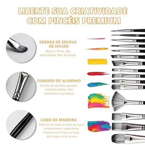 Kit Pincel Tinta Acrilica para Pintura em Tela 17 Peças com Estojo Portátil | Kit Pincel Pintura Profissional para Aquarela, Tinta Guache, Oleo e Artesanato, Presente Criativo para Menina e Menino