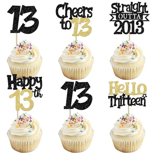 30PCS Happy 13th Birthday Cupcake Toppers Glitter Hello 13 Straight Outta 2013 Cupcake Picks Thirteen Cheers to 13 Years Cake Decorations for 13th Birthday Party Decorations Supplies Black Gold at Amazon