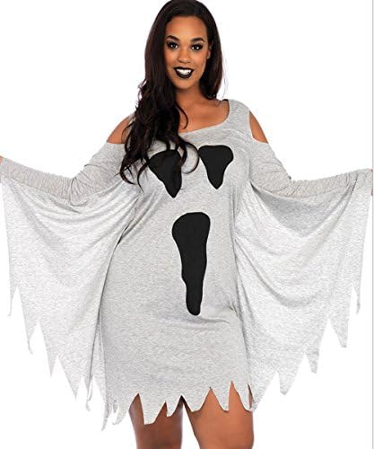 UBetterM Halloween Women's Plus Size Ghost Spiderweb One-piece Dress Off Shoulder Bat Sleeve Serration Dress T-shirt
