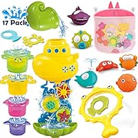 PUSITI Bath Toys for Toddlers 17 Pieces Bathtub Swing Pool Toys for Baby Boys and Girls Water Station Silicone Ocean Animals Stacking Cups Fishing Net Organizer Safety Bathroom Toys Set for Kids