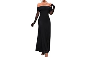 KUTUMAI Women Off Shoulder Bodycon Maxi Dress Long Sleeve Mesh Ruched Party Formal Wedding Guest Dresses