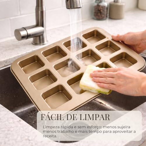 Forma para Brownie 12 Cavidades Quadradas Antiaderente, Assadeira de Aço Carbono para Mini Brownies, Cupcake, Mini Bolos, Doces e Sobremesas no Forno
