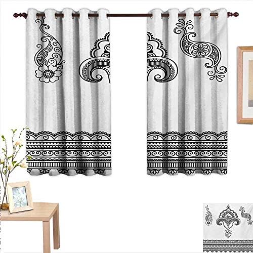 Henna Waterproof Window Curtain Black and White Eastern Motifs Monochrome Ornamental Floral Pattern Doodle Image 63"x 72",Suitable for Bedroom Living Room Study, etc.