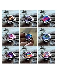 Paquete de 9 collares con colgante de doble cara de Nebula Galaxy, espacio exterior, diseño de planeta, hechos a mano, de cristal y cabujón