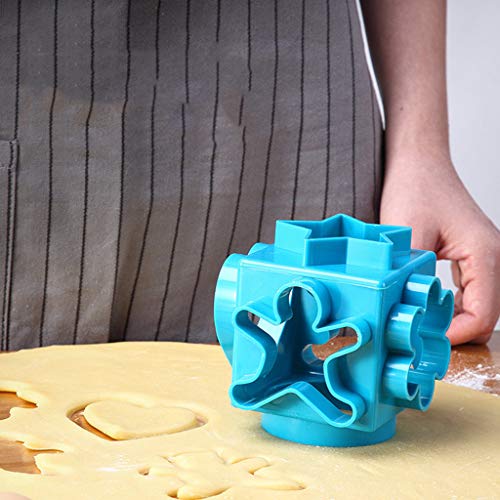 Jeeke 6-in-1 Multifunction Cookie Biscuit Cutter Set Pastry Biscuit Cake Convenient Mould Pastry Donut Doughnut Cutter Set Round Cookie Cutters, Cube (Blue)