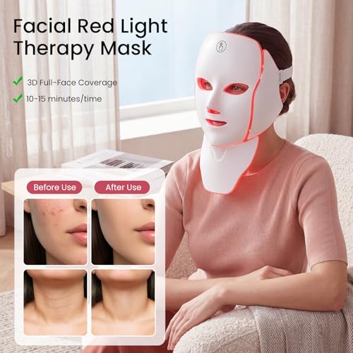 LED Face Neck Mask Light Therapy for Skin Care Anti Aging Wrinkles Acne Treatment,Red Blue Infrared 7 Colors Facial Rejuvenation Device 630nm Near Infrared,Home Use Beauty Device White