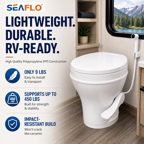 SEAFLO RV Toilet with Sprayer Attachment - White, 18.4” Residential Height, Gravity Flush Foot Pedal Camper Toilet Soft Close Seat Elongated Bowl Motorhome, 4-Year Warranty, SFRTPH-01-02