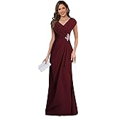 FUMY Modest V Neck Ruched Cap Sleeves Wrap Mother of The Bride Dresses for Women Burgundy Pleated Chiffon A Line Wedding Guest Formal Dress US14
