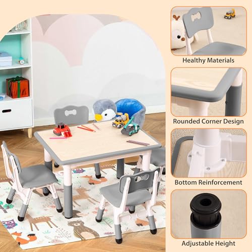Garvee Kids Table and 4 Chairs Set, 5-Piece Height Adjustable Toddler Table with Graffiti Wipe-Clean Desktop, Non-Slip Legs & Storage Organizer, Preschool Activity Desk for Ages 2-6
