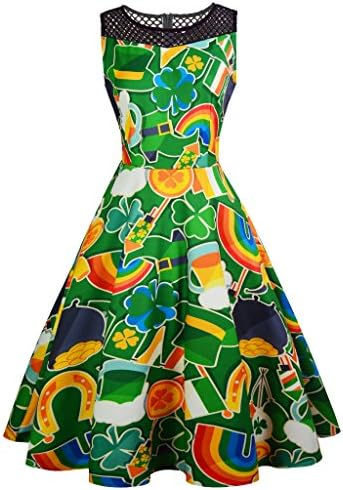Women's St.Patrick's Day Dress Vintage Evening Party Cocktail Dress Hollow Out Green Print A Line Dress