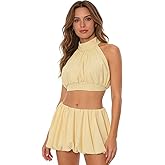 Cute Outfits for Women Backless Halter Top with Ruffle Skirt 2 Piece Set Date Outfits