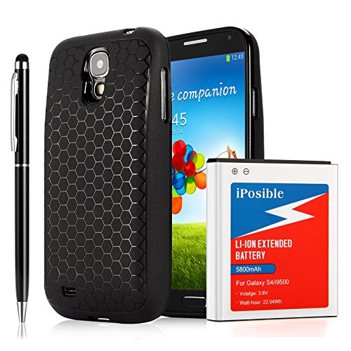 Galasy S4 Battery iPosible [5800mAh] Extended Battery with Black Protection Cover Case (More than 2X Extra Battery Power) for Galasy S4 All Versions [24 Month Warranty & 2 in 1 Stylus Pen Included]