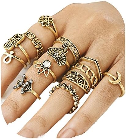 Setita 13 Pieces Turkish Elephant Moon Turquoise Joint Knuckle Nail Midi Ring Set Boho Ring Set (Ancient golden)