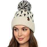 Funky Junque Women’s Knit Pom Beanie – Cozy Womens Winter Hat, Apres Ski Cold Weather Beanies with Geometric and Cross Design