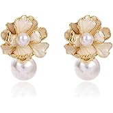 Chunky Pearl Earrings for Women Vintage Big Pearl Flower Drop Earrings Hypoallergenic Oil Drip Peony Floral Stud Earrings Jewelry Presents for Her