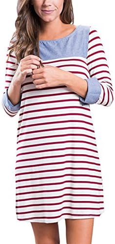 LISTONE Women's o-neck 3/4 Sleeve casual loose stripe Shift Dress Red M