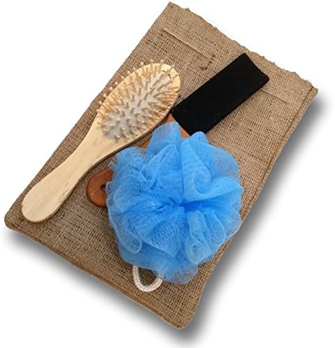 Bath Set For Travel - Natural Wooden Material - 3 Product Same Package -Wooden Hair Brush - Wooden Pedicure Double Sided Wood Foot File Hard Skin Remover - Bath Sponge - Hand Made Burlap Carrying Case