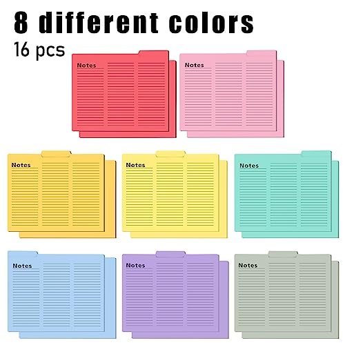 Koogel 16PCS Notes Tabbed File Folders, Lined File Folders 1/3 Cut Tab Letter Size File Folders 11.5 x 9.6 Inch Folders with Tabs 8 Vibrant Colors
