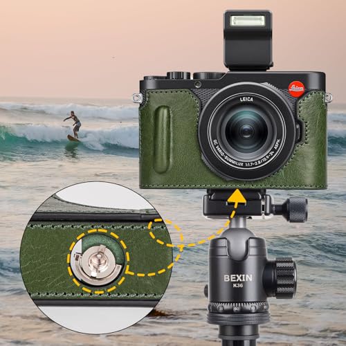 Muziri Kinokoo Protective Case for Leica D-Lux 8, Genuine Leather Case, Retro Style, Bottom Opening, Hand Grip Design - Green