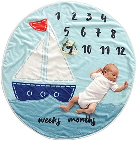 Baby Monthly Milestone Blanket, Circle Infant Newborn First Year Blue Ship Photography Backdrop Photo Prop for Newborn Boy Girl, Diameter 37.5 Inches, Flannel Fleece, Best Baby Shower Gift